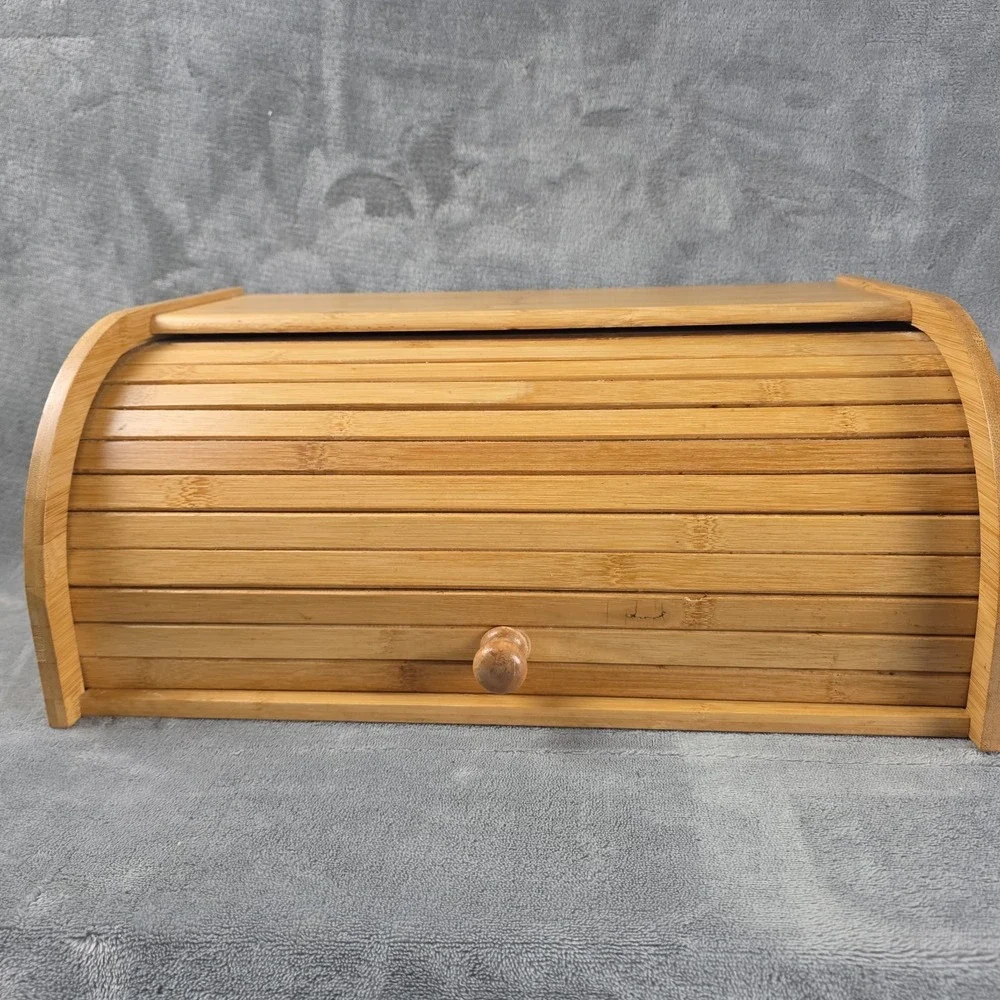 Large Rolltop Bamboo Wood Bread Box Light Natural Wood Grain